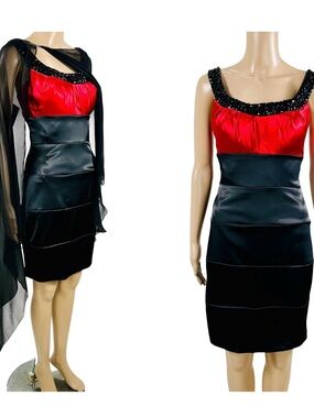 Bisou Bisou Red & Black Colorblock Satin Beaded Cocktail Shaping BodyCon Dress 4